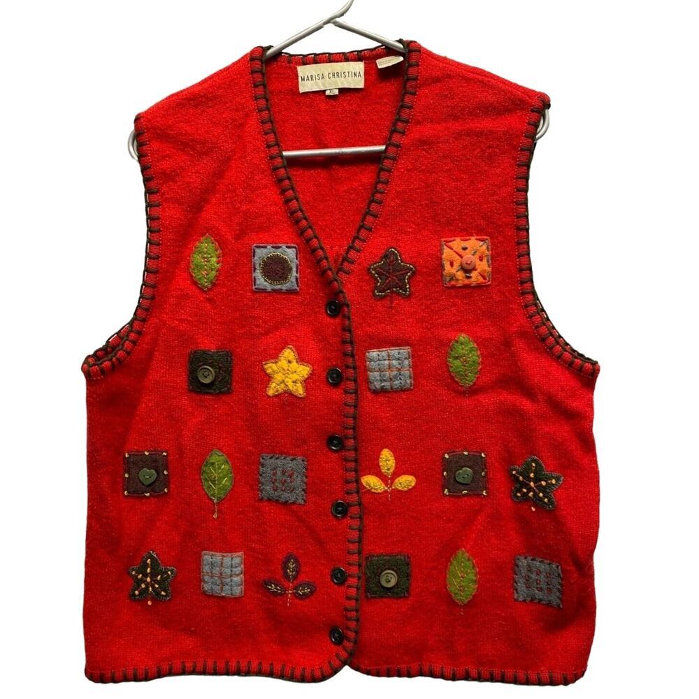 Marisa Christina Christmas Vest 100% Wool Patchwork EUC XL